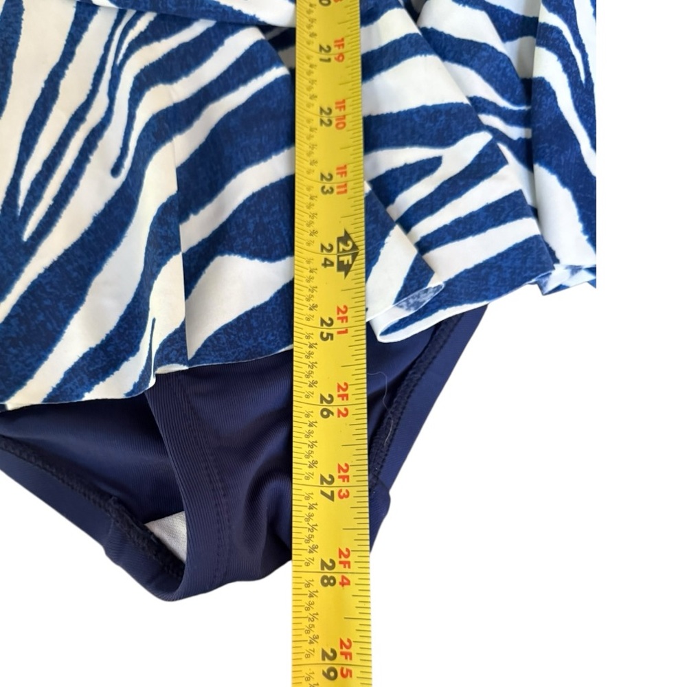 Chaps Skirted Pin Up One Piece Swimsuit Size 16 XL Zebra Print Blue White - Picture 9 of 16